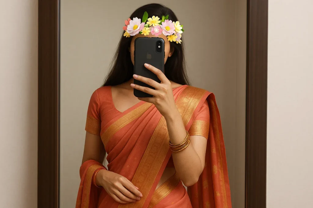 Snapchat Hidden Face Mirror Selfie in Saree